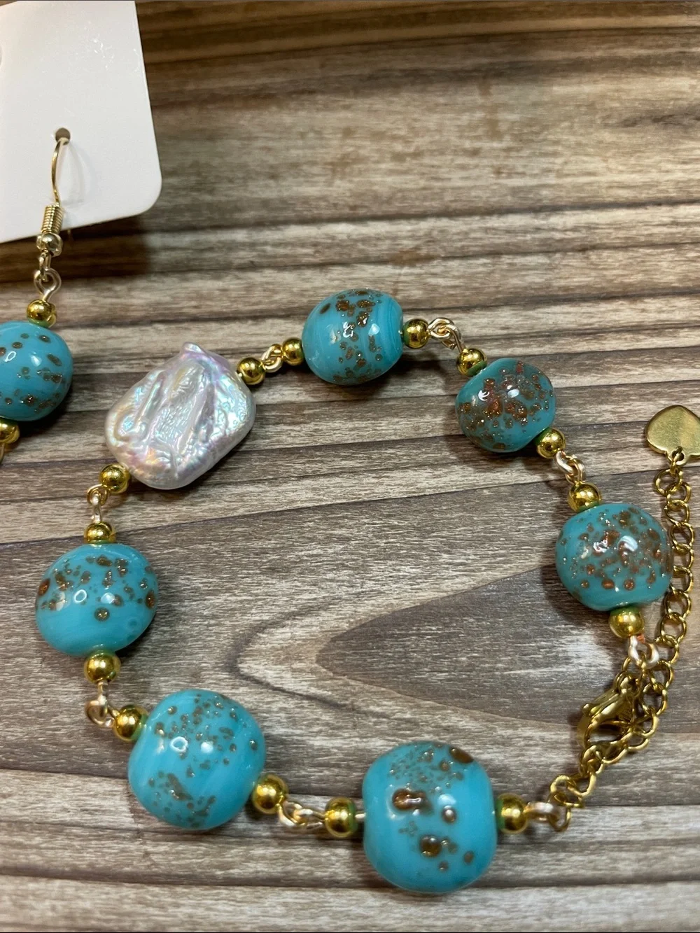 Turquoise Glass Beaded Necklace Earring Set Gold Speckled Baroque Pearl Real